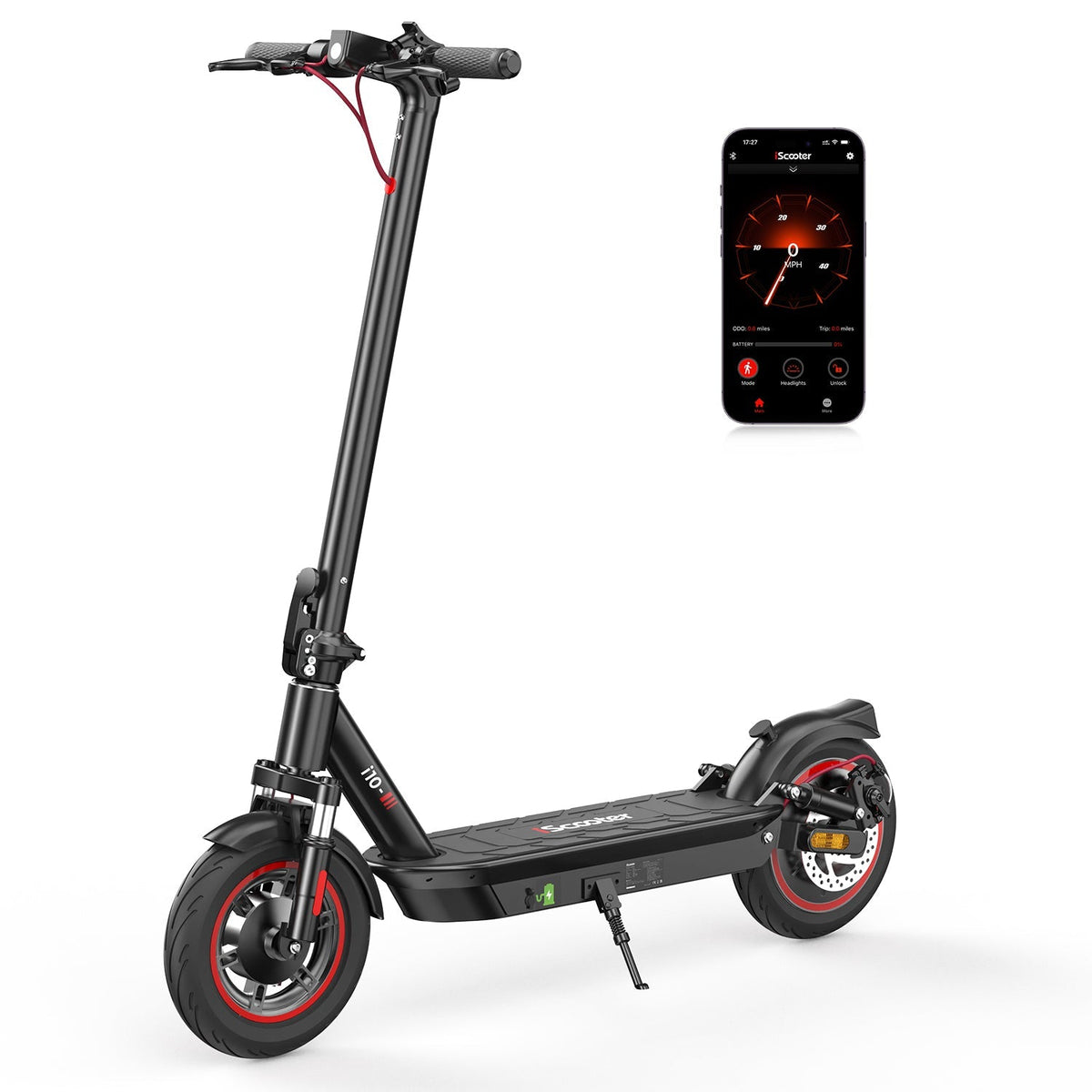 iScooter i10 mid-tier folding commuter electric scooter: 42V peak 650W brushless motor, 25 mph, 4 speed modes, 10-inch pneumatic tires, EBAS front brake plus rear disc, front and rear suspension, IP54, iScooter app, 44 lb net, 264 lb max load