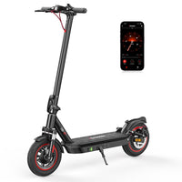 iScooter i10 mid-tier folding commuter electric scooter: 42V peak 650W brushless motor, 25 mph, 4 speed modes, 10-inch pneumatic tires, EBAS front brake plus rear disc, front and rear suspension, IP54, iScooter app, 44 lb net, 264 lb max load