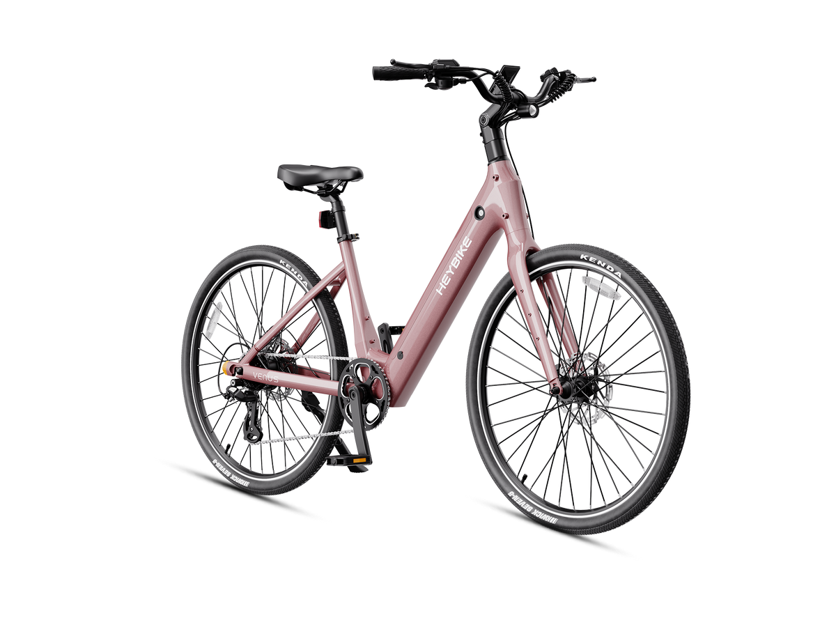 Heybike Venus lightweight step-thru cruiser electric bike: 750W Galaxy hub motor (1400W peak), 70 Nm torque, 28 mph Class 2/3 switchable, 27.5x2.2 Kenda road tires, aluminum-alloy low-step frame, Shimano Altus 8-speed, hydraulic discs, UL 2849 + UL 2271