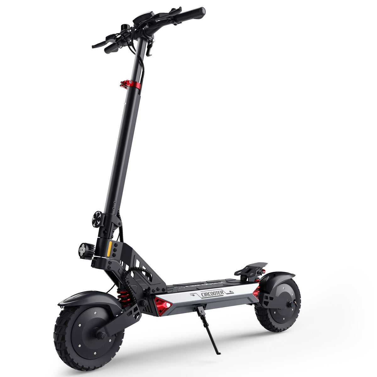 Circooter Landturbo Ultra studio hero view showing the folding stem, dual-motor hubs, wide deck, kickstand, and 10 inch off-road tires.