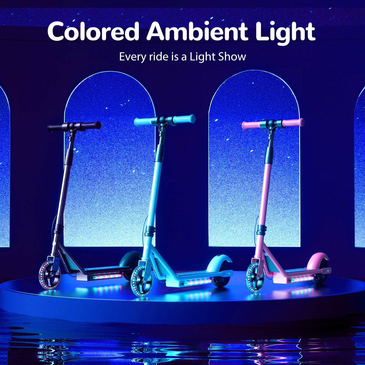 Black, blue, and pink isinwheel S2 scooters with colored ambient lights