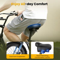All-day comfort feature graphic showing a seated rider, the front suspension fork in a callout, and a dual-spring padded saddle in a separate callout