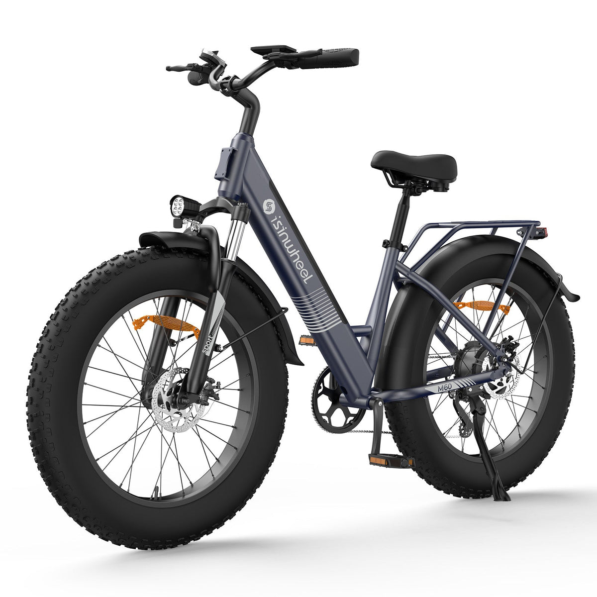 Iron Gray isinwheel M60 step-through fat-tire electric bike in front three-quarter studio view, showing the step-through aluminum frame, rear rack, fenders, fat tires, and disc brakes