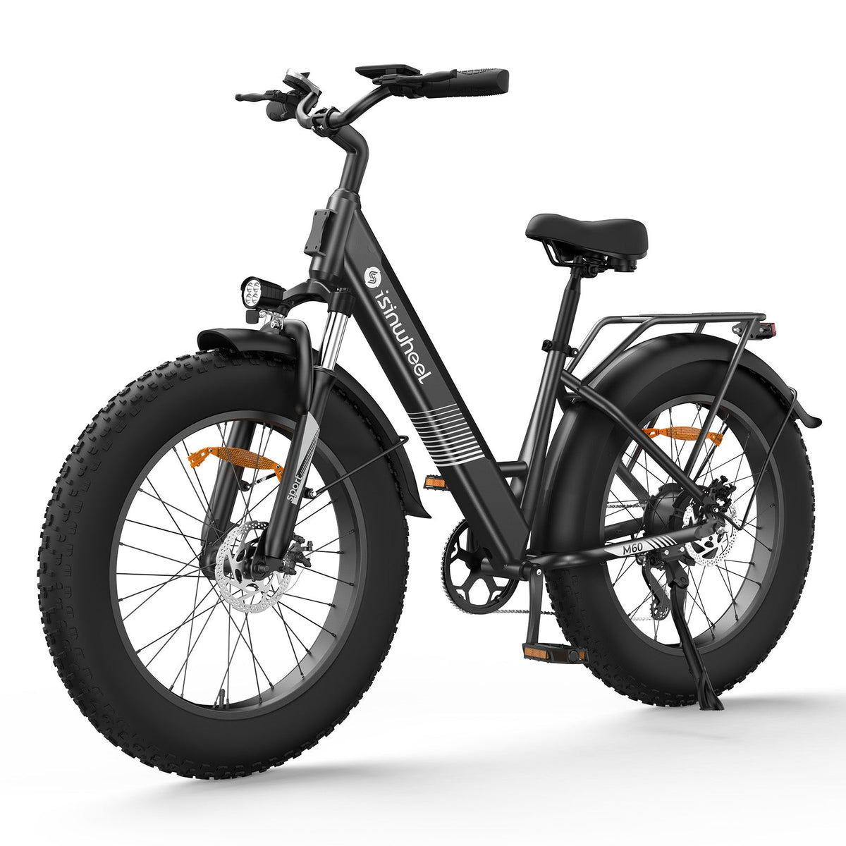 Obsidian Blue isinwheel M60 step-through fat-tire electric bike in front three-quarter studio view, showing the step-through aluminum frame, rear rack, fenders, fat tires, and disc brakes