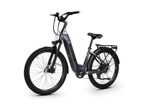Blue Gray Velowave Breeze T front three-quarter view with suspension fork and rear rack