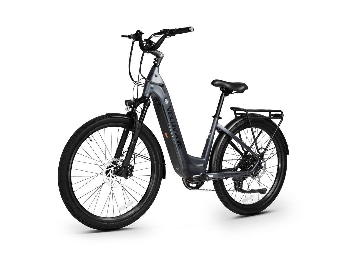 Blue Gray Velowave Breeze T front three-quarter view with suspension fork and rear rack