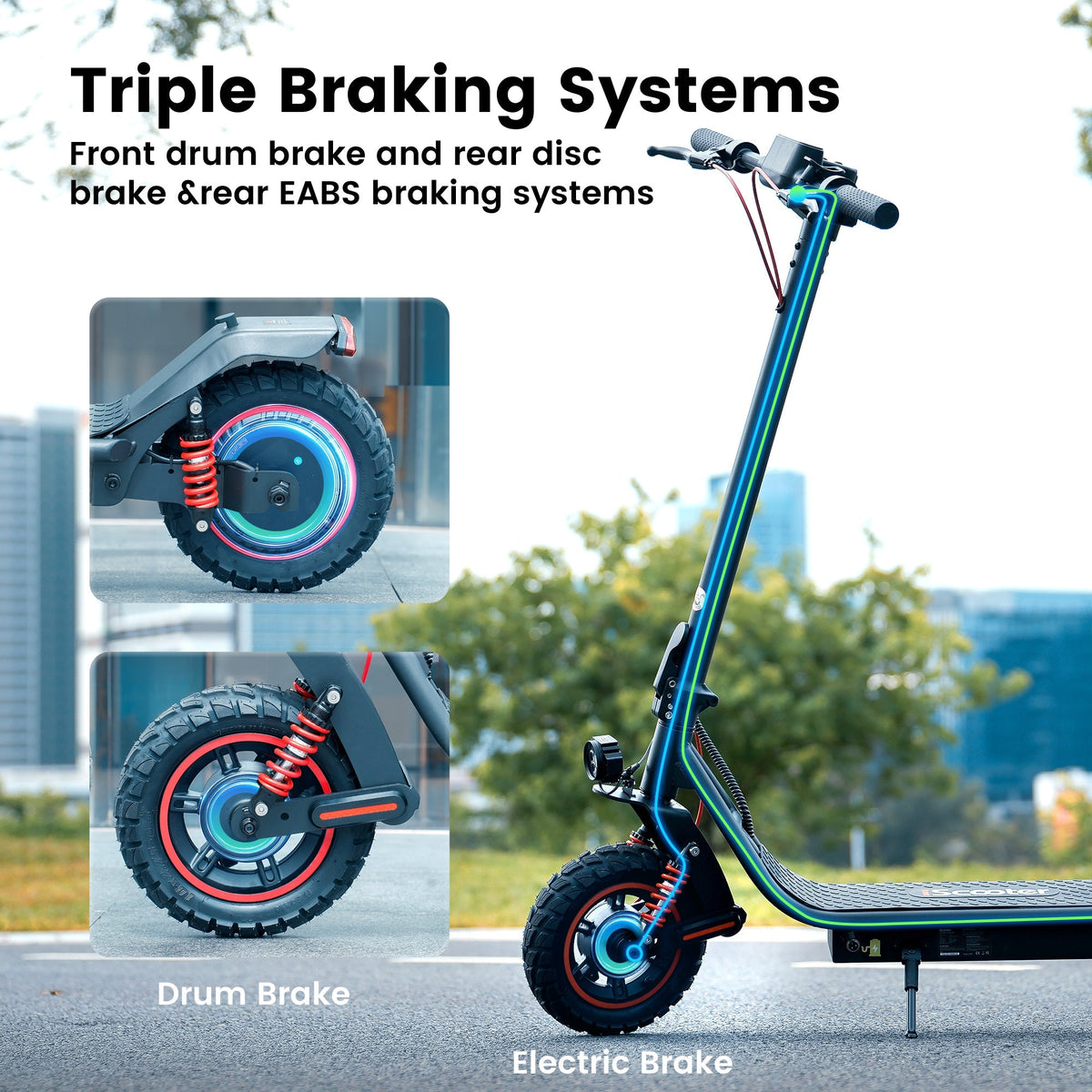 iScooter i10 Pro 800W folding commuter electric scooter: 48V peak 800W brushless rear-wheel-drive motor, 28 mph top speed, 720Wh battery, 10-inch pneumatic road tires, EBAS front plus double drum rear brakes, front and rear suspension, IP54, dedicated iScooter app, 53.9 lb folded