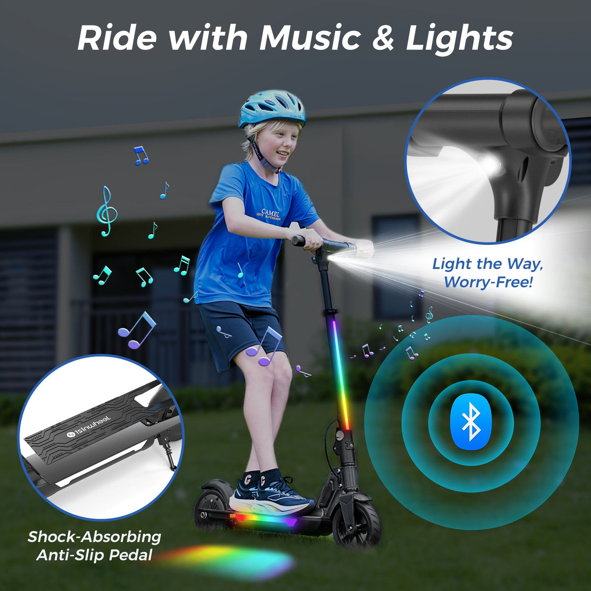 Kid riding the isinwheel S7 with headlight, LED lights, and Bluetooth speaker