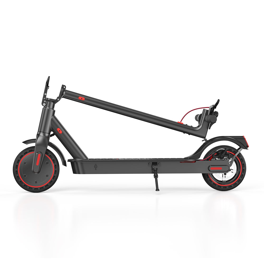 iScooter i9 folded flat in side profile with handlebar lowered over the deck for trunk or closet storage.