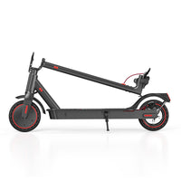 iScooter i9 folded flat in side profile with handlebar lowered over the deck for trunk or closet storage.
