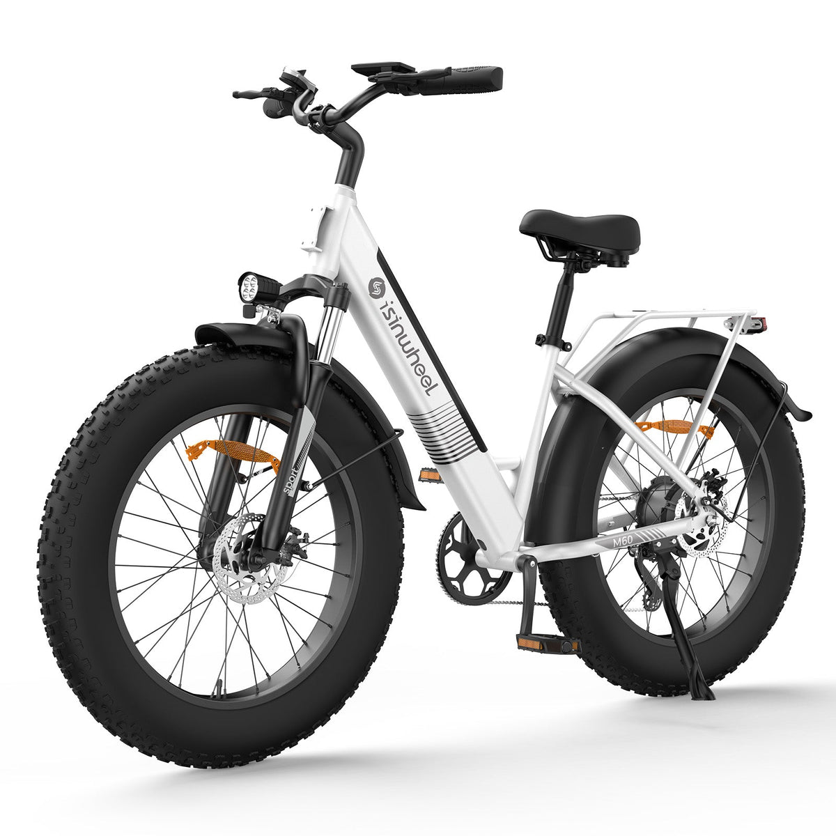 Lunar White isinwheel M60 step-through fat-tire electric bike with dual-LED front lighting, front suspension fork, padded saddle, rear rack with reflector, fenders, 26 by 4 inch fat tires, and 7-speed Shimano-style rear cassette, in front three-quarter studio view