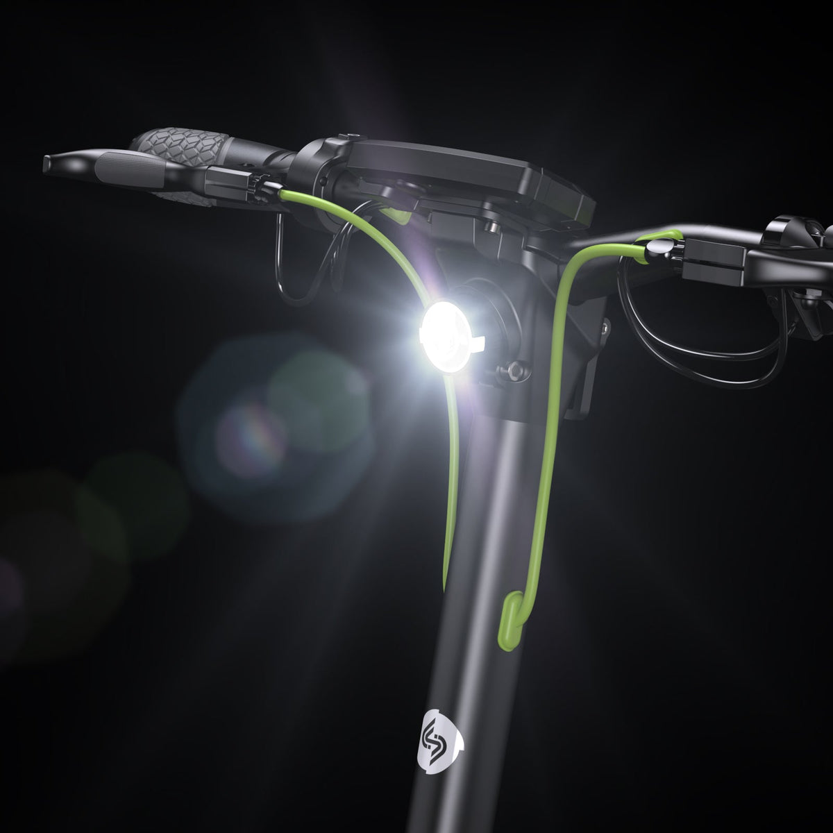 S10Max headlight shining forward beneath the display and handlebar