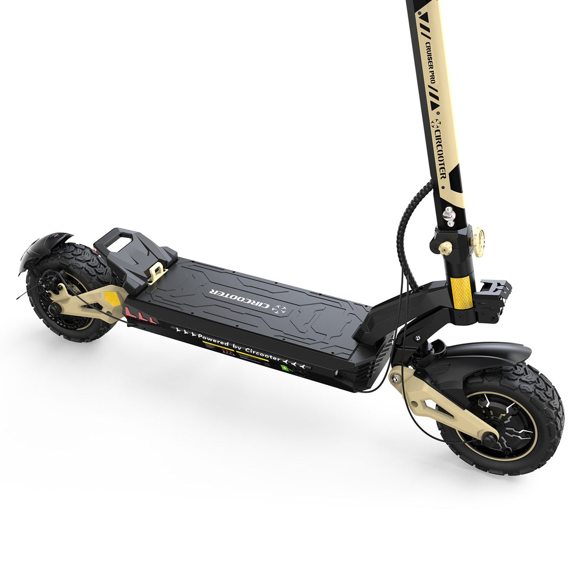 Circooter Cruiser Pro 2400W dual-motor off-road electric scooter with 11-inch pneumatic off-road tires, dual hydraulic suspension front and rear, hydraulic disc brakes, extra-wide deck, UL 2272 certified electrical system, and a 38 mph top-speed claim