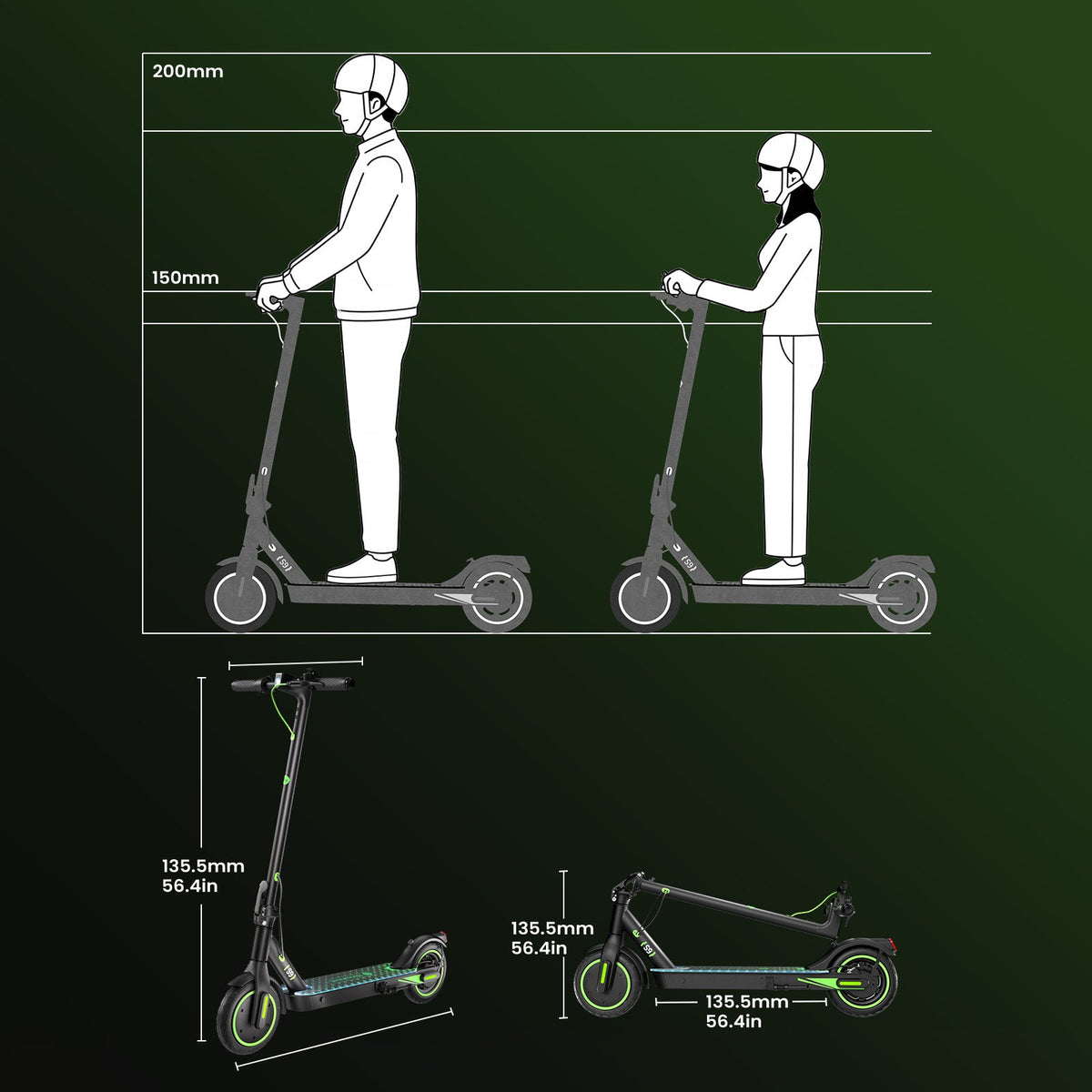isinwheel S9 Pro size feature graphic with male and female rider silhouettes, an unfolded scooter view, and a folded scooter view with marked dimensions