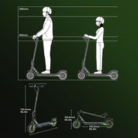 isinwheel S9 Pro size feature graphic with male and female rider silhouettes, an unfolded scooter view, and a folded scooter view with marked dimensions