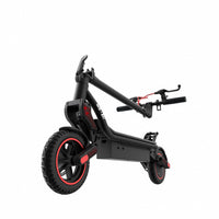 iScooter W8 folded in studio with the handlebar lowered over the deck for trunk, closet, or garage storage.