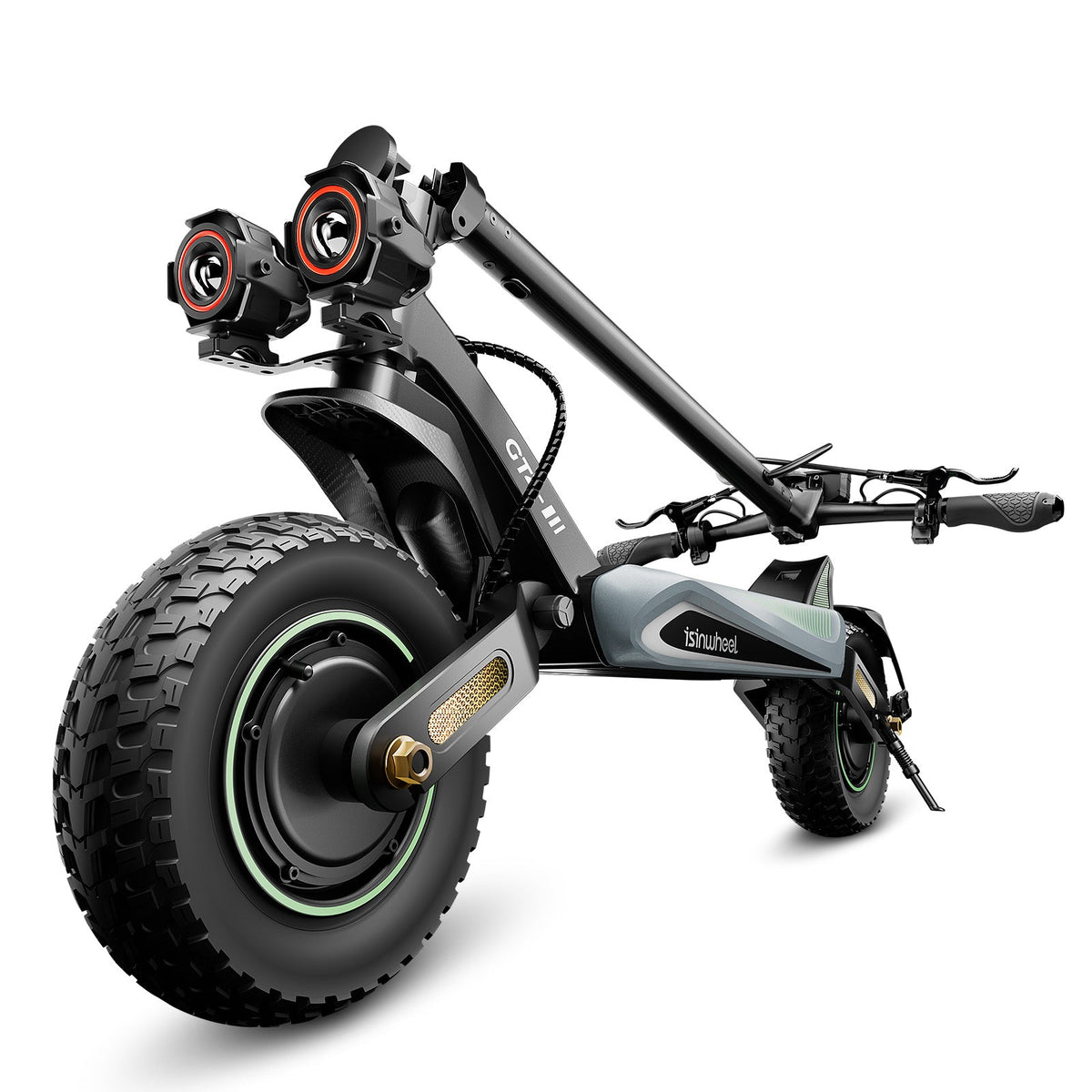 Folded GT4 close-up showing the rear tire, suspension arms, and stem latch
