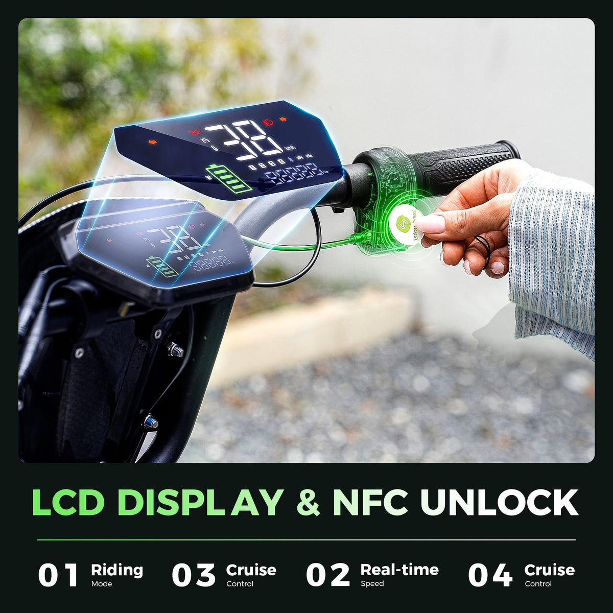 Close-up of the H7Pro color LCD and a rider tapping an NFC card near the display