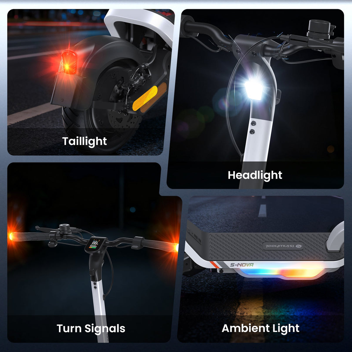 Four-panel S Nova lighting feature graphic with the taillight, headlight, smart turn signals, and multi-color ambient deck light shown at night
