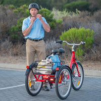 Rider beside red DWMEIGI MG708-HERA with loaded rear basket