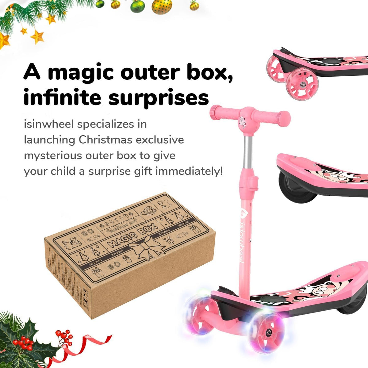 isinwheel Long Range 3-wheel kids electric scooter shown with the multi-color LED flashing wheels and the cartoon deck graphic, available in pink or blue with sibling-pair combo options