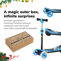 isinwheel Long Range 3-wheel kids electric scooter shown with the multi-color LED flashing wheels and the cartoon deck graphic, available in pink or blue with sibling-pair combo options