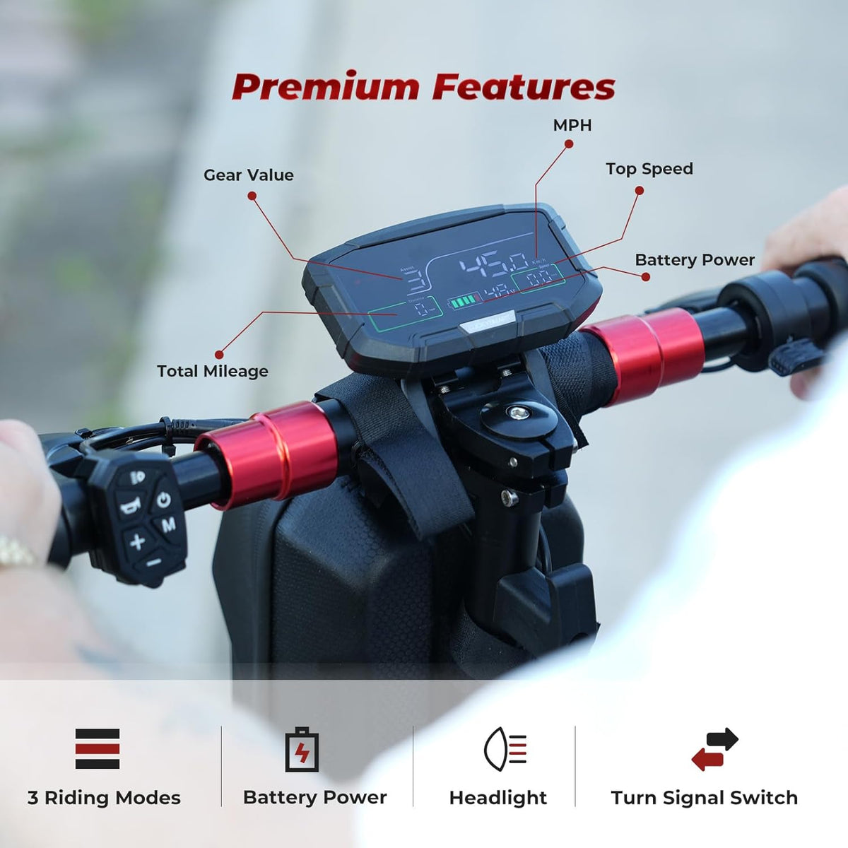 GT2 color display and handlebar controls labeled for speed, battery, lights, and turn signals