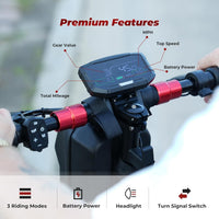 GT2 color display and handlebar controls labeled for speed, battery, lights, and turn signals