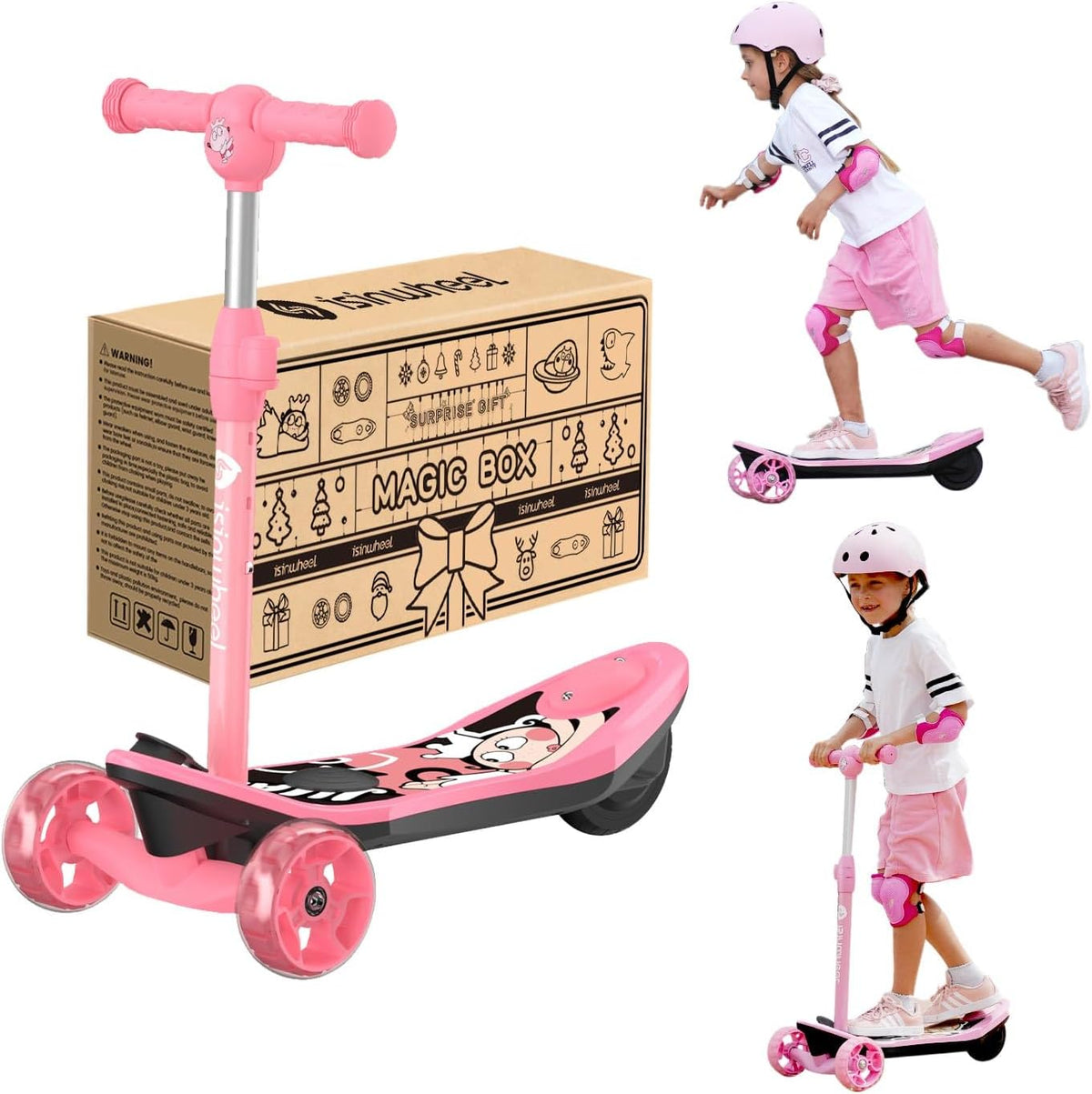 isinwheel Long Range 3-wheel kids electric scooter shown with the multi-color LED flashing wheels and the cartoon deck graphic, available in pink or blue with sibling-pair combo options