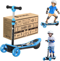 isinwheel Long Range 3-wheel kids electric scooter shown with the multi-color LED flashing wheels and the cartoon deck graphic, available in pink or blue with sibling-pair combo options