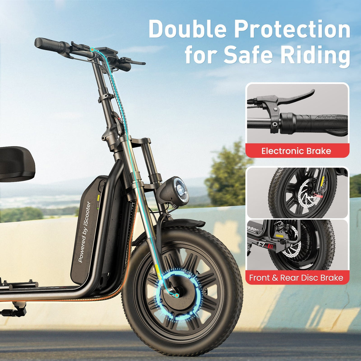 iScooter F7 1000W seated commuter electric scooter with adjustable saddle, dual disc brakes plus electric braking, front and rear dual suspension, foldable aluminum frame, and turn-signal lighting on a 28 mph paved-road commuter platform