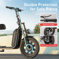 iScooter F7 1000W seated commuter electric scooter with adjustable saddle, dual disc brakes plus electric braking, front and rear dual suspension, foldable aluminum frame, and turn-signal lighting on a 28 mph paved-road commuter platform