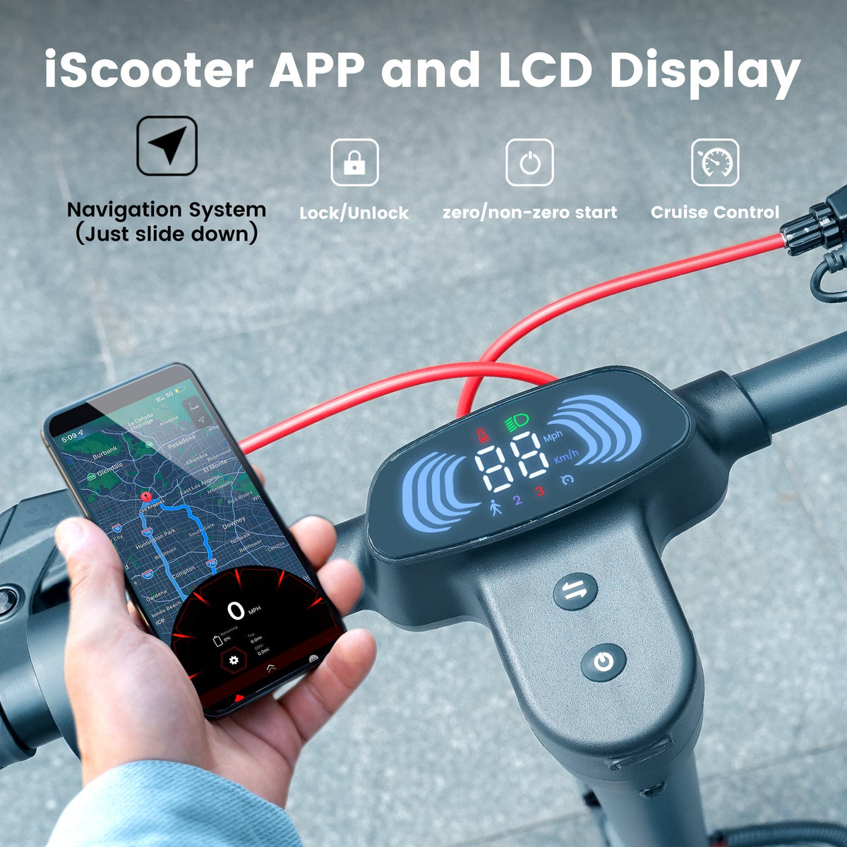iScooter i10 Pro 800W folding commuter electric scooter: 48V peak 800W brushless rear-wheel-drive motor, 28 mph top speed, 720Wh battery, 10-inch pneumatic road tires, EBAS front plus double drum rear brakes, front and rear suspension, IP54, dedicated iScooter app, 53.9 lb folded