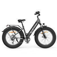 Side profile of the Obsidian Blue isinwheel M60 showing the step-through frame, downtube battery, rear rack, fenders, and 26-inch fat tires