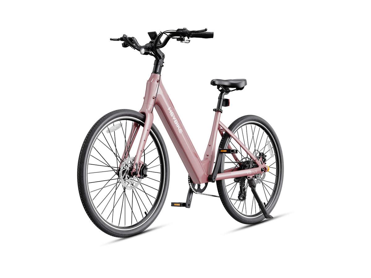 Heybike Venus lightweight step-thru cruiser electric bike: 750W Galaxy hub motor (1400W peak), 70 Nm torque, 28 mph Class 2/3 switchable, 27.5x2.2 Kenda road tires, aluminum-alloy low-step frame, Shimano Altus 8-speed, hydraulic discs, UL 2849 + UL 2271