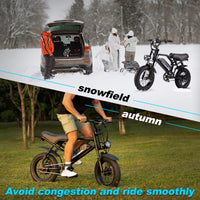 AVDL A13 compact electric bike supplier lifestyle graphic showing seasonal riding scenes