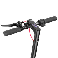 Close view of the iScooter i9 display and handlebar controls with speed readout and red brake cable visible.