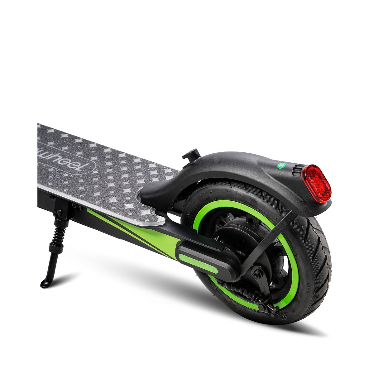 Close-up of the isinwheel S9 Pro rear wheel, taillight, kickstand, rear motor, and patterned deck end