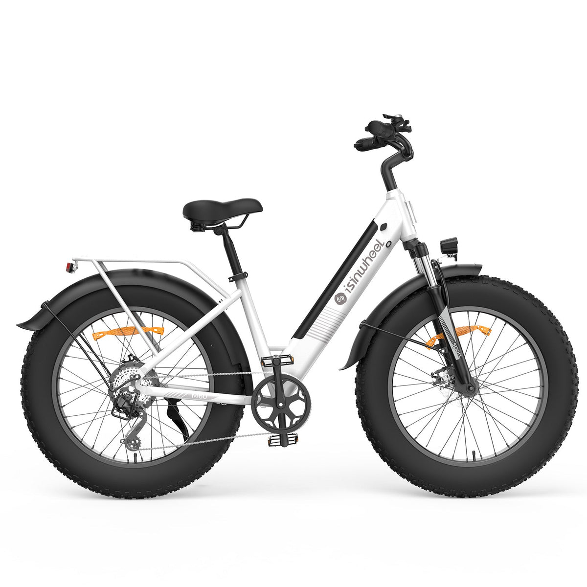 Side profile of the Lunar White isinwheel M60 showing the step-through aluminum frame, the integrated downtube battery, the rear rack, the chain and 7-speed rear cassette, and the front suspension fork