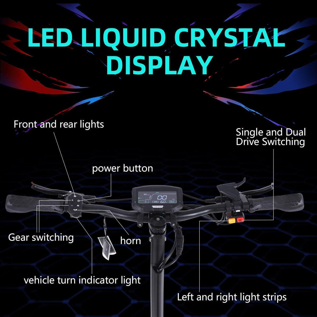 Freeboy J30 MAX handlebar display with horn, lighting controls and single dual-drive switch labels
