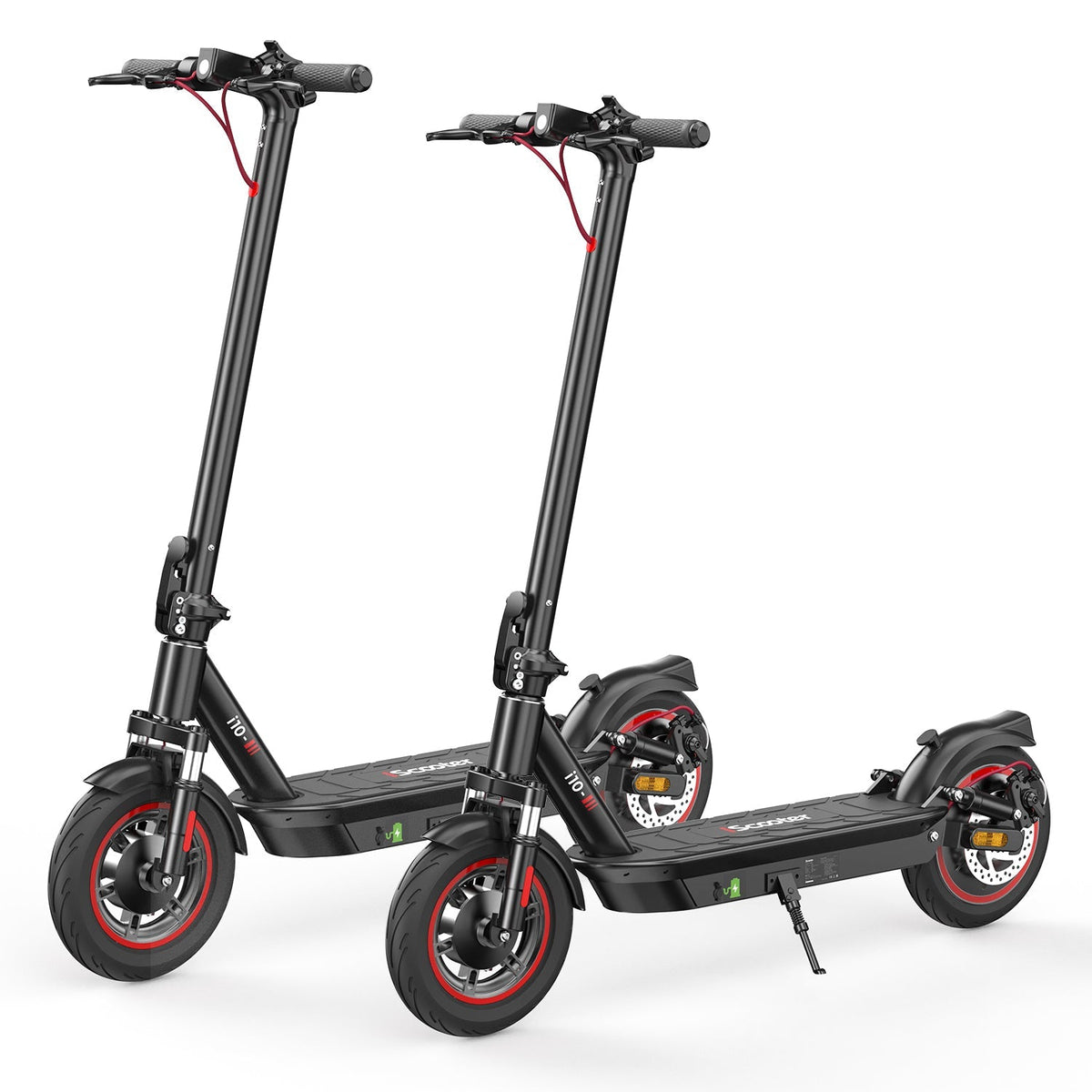 iScooter i10 mid-tier folding commuter electric scooter: 42V peak 650W brushless motor, 25 mph, 4 speed modes, 10-inch pneumatic tires, EBAS front brake plus rear disc, front and rear suspension, IP54, iScooter app, 44 lb net, 264 lb max load