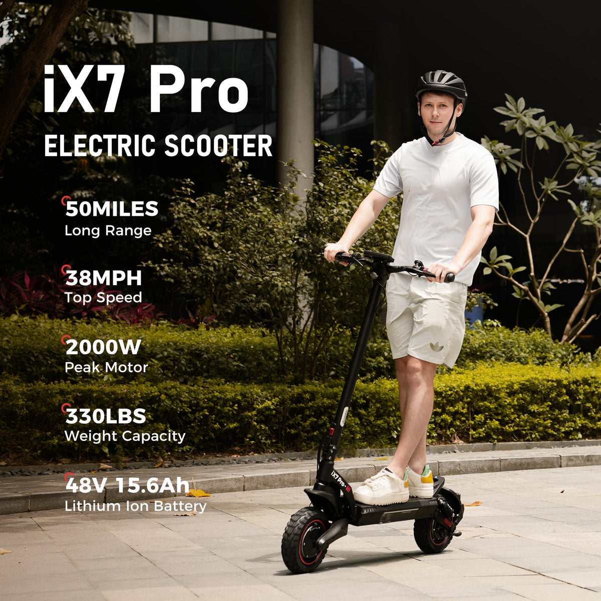 iScooter iX7 Pro dual-motor off-road folding electric scooter: dual 1200W motors (2400W peak combined), 38 mph top speed, 720Wh battery, 10-inch tubeless off-road tires, dual suspension, EABS plus double disc brakes, turn lights, ambient lights, 65.5 lb folded, 330 lb max load