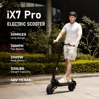iScooter iX7 Pro dual-motor off-road folding electric scooter: dual 1200W motors (2400W peak combined), 38 mph top speed, 720Wh battery, 10-inch tubeless off-road tires, dual suspension, EABS plus double disc brakes, turn lights, ambient lights, 65.5 lb folded, 330 lb max load