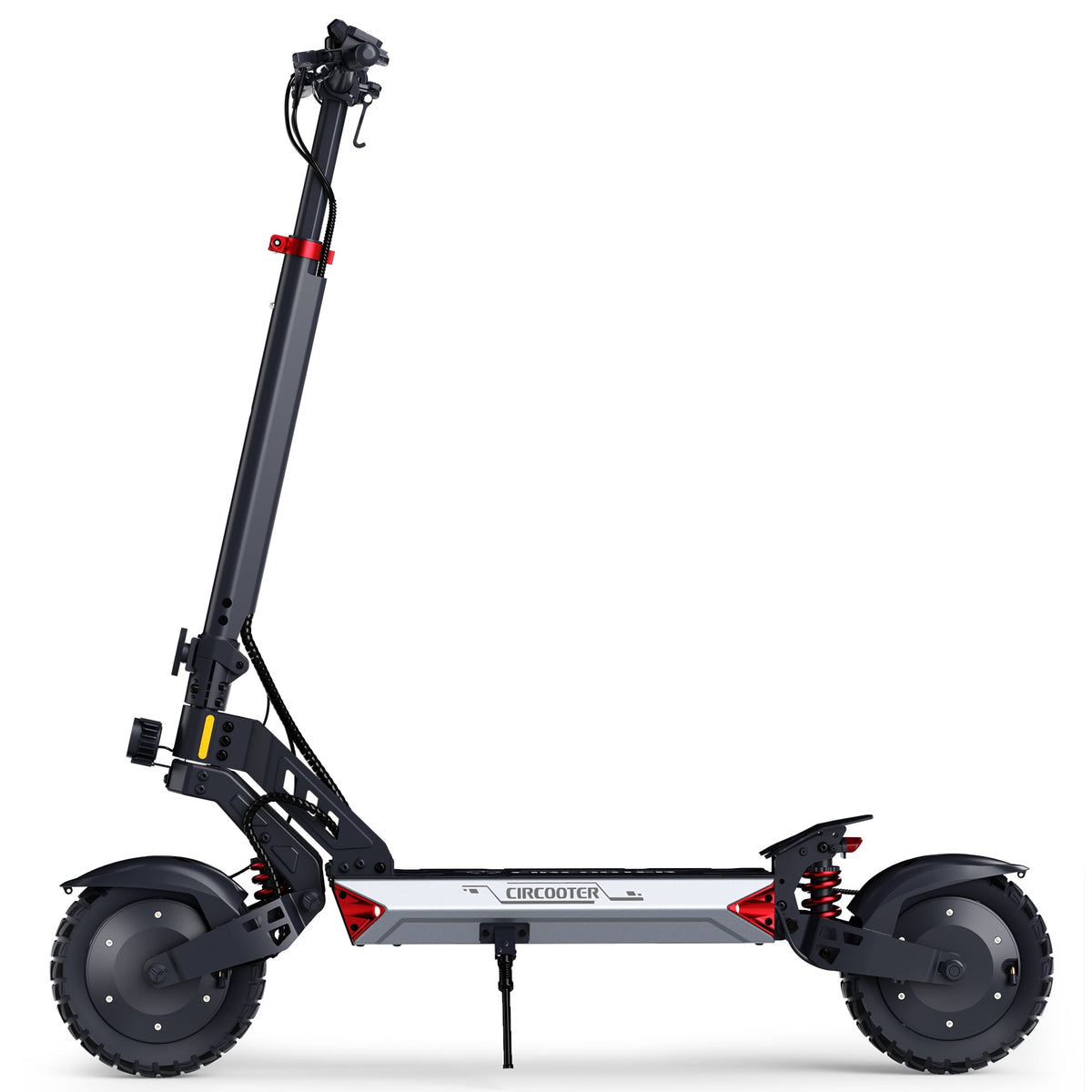 Side profile of the Landturbo Ultra standing scooter showing both covered hub motors, long deck, front and rear suspension, and knobby tires.