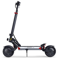 Side profile of the Landturbo Ultra standing scooter showing both covered hub motors, long deck, front and rear suspension, and knobby tires.