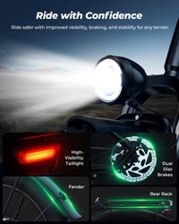 isinwheel U8 Ultra lighting graphic showing headlight, taillight, turn signal, fender, rear rack, and dual disc brake callouts.