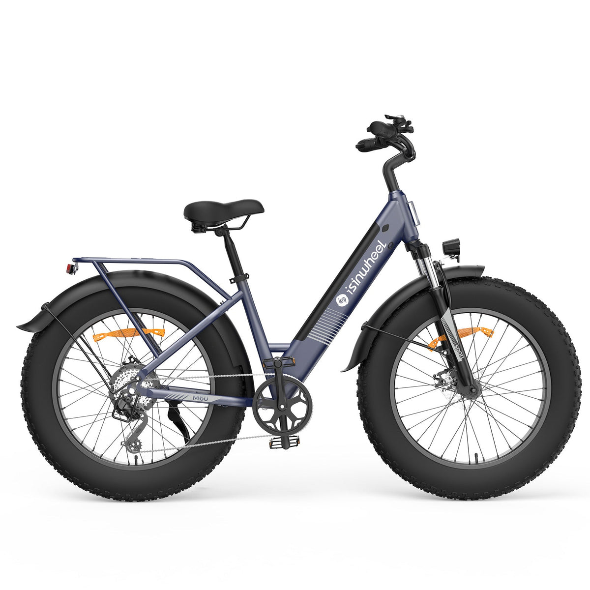 Side profile of the Iron Gray isinwheel M60 showing the step-through frame, downtube battery, rear rack, fenders, and 26-inch fat tires against a plain studio background