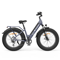 Side profile of the Iron Gray isinwheel M60 showing the step-through frame, downtube battery, rear rack, fenders, and 26-inch fat tires against a plain studio background