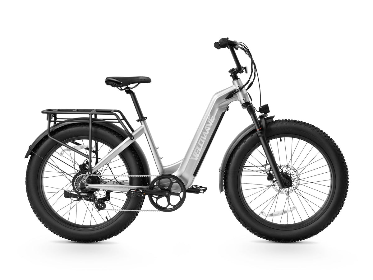 Black Velowave Ranger Step-Thru 2.0 electric bike shown from the drive side on white