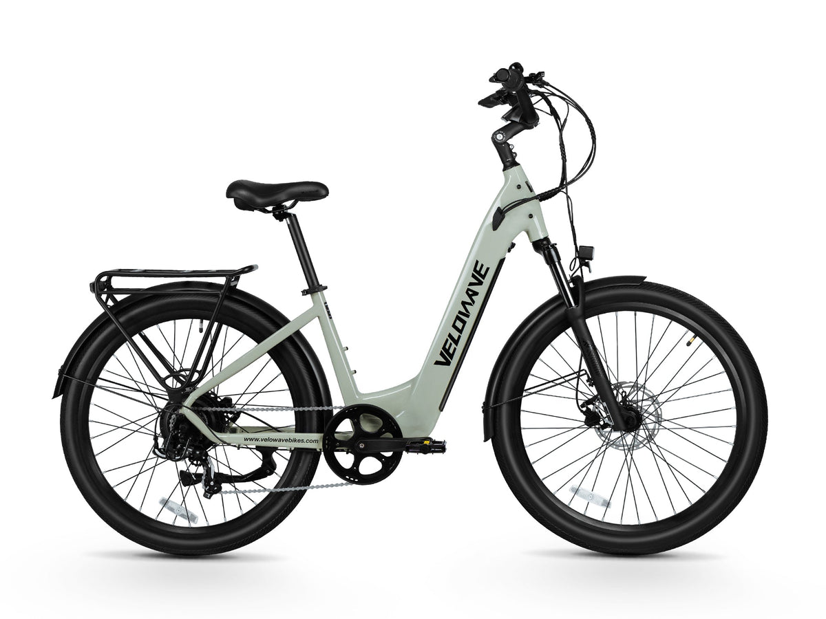Light Green Velowave Breeze T side profile with fenders and rear rack